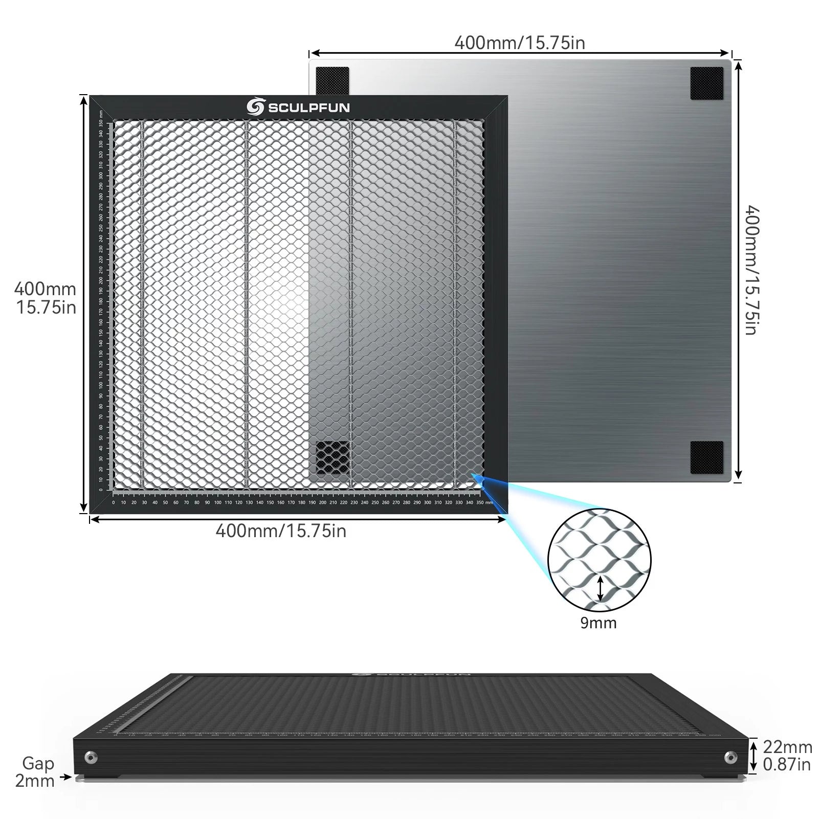 Sculpfun SF-A9 40W Laser Engraver with Automatic Air Assist and Y-axis Rotary Roller and CAM500 Camera and 400x400mm Honeycomb Working Table