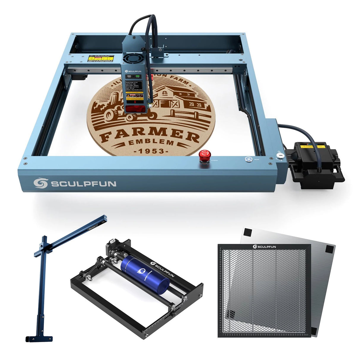 Sculpfun SF-A9 40W Laser Engraver with Automatic Air Assist and Y-axis Rotary Roller and CAM500 Camera and 400x400mm Honeycomb Working Table