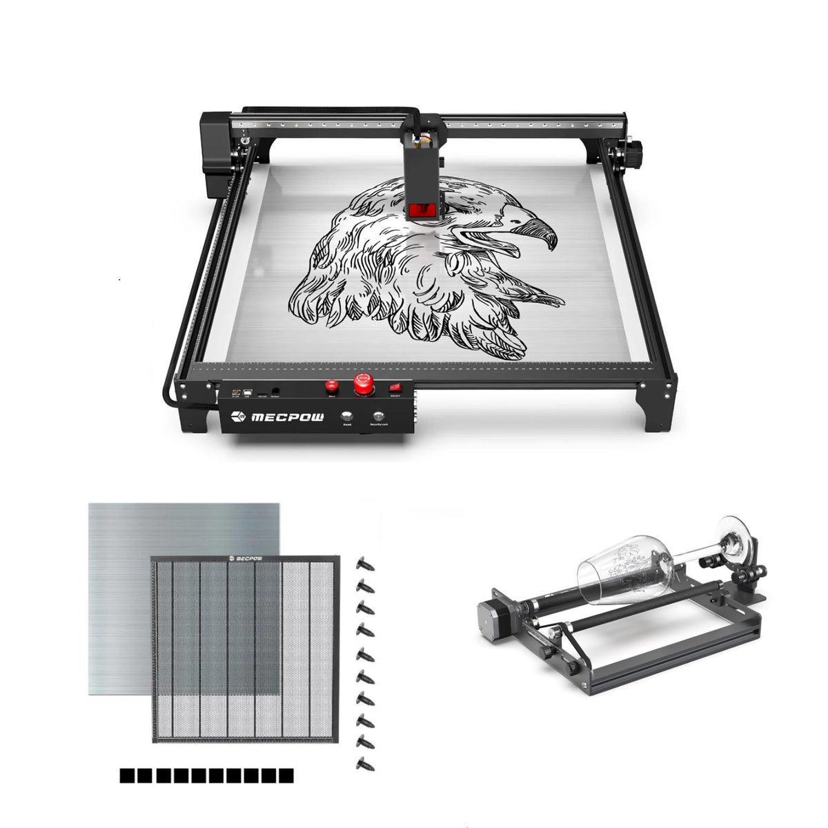 Mecpow X5 Pro 33 W laserski stroj za graviranje ili rezanje s automatskim zračnim sustavom i saćem 650 x 650 mm i rotacijskim valjkom Y-osi